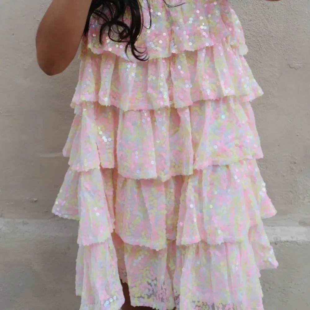 MABLE MARIAM MINI DRESS sequins ruffles sparkly size Small pink yellow pastel - Picture 10 of 15